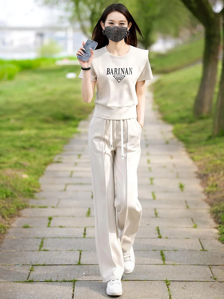 Summer New Casual Short Sleeved 2 Piece Sets Women Outfit 2024 Korean O Neck Letter Tops+Wide-Leg Pants Set Female Tracksuits