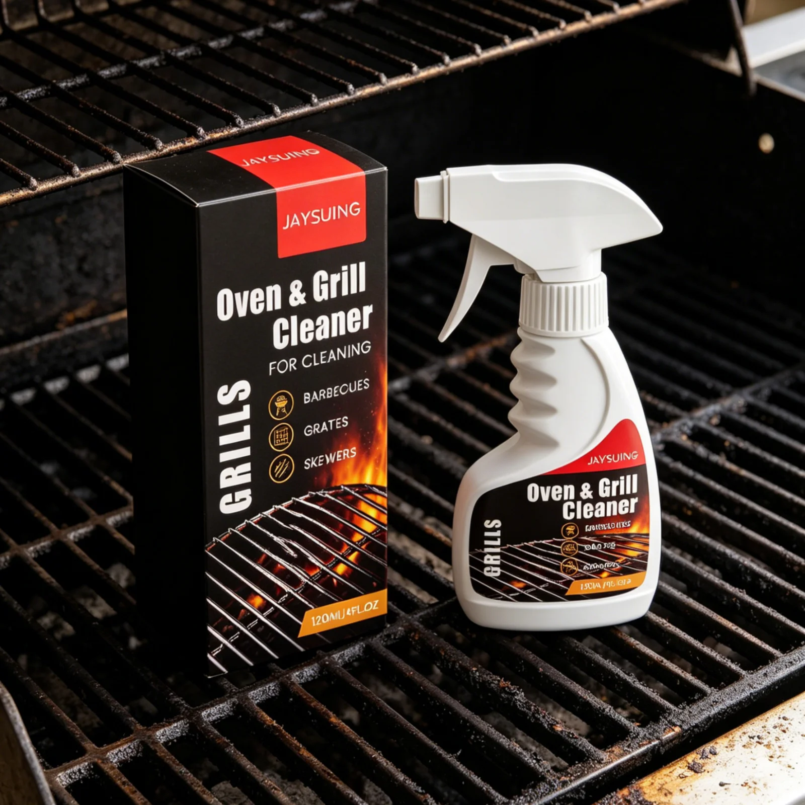 JAYSUING Grill Cleaner Spray Deep Cleaning Remove Stubborn Oil Stains Degreaser Fast Action Gentle Barbecue Grill Cleaner 120ml