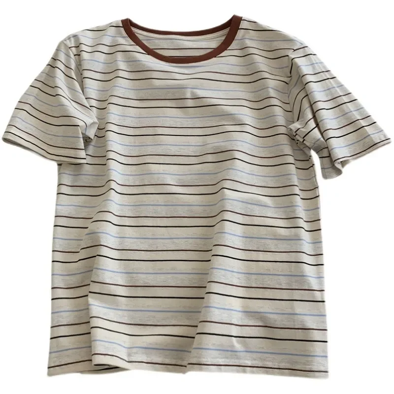 Women's Vintage Color Block Stripe Ringer Crew Neck Short Sleeve T-shirt Casual Loose Cotton Top