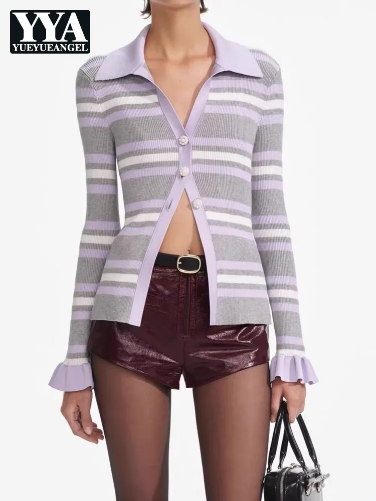 

Sweet Slim Fit Striped Female Knitted Cardigan French Style Autumn V-Neck Short Knitwear Coat Fashion Ruffled Sleeve Casual Tops