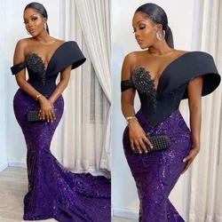 African Mermaid Maxi Gowns Purple Sequin Ruffle Sleeveless Women Formal Dresses Peplum Beading Tierred Gorgeous Evening Dress