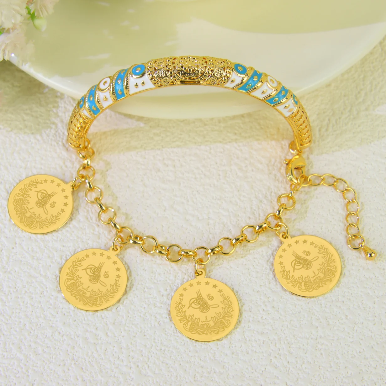 Fashion Arabic Coins Charm Bracelet 21k Gold Plated Dubai Muslim Hip Hop Lucky Bangles Middle Eastern Women Party Jewelry