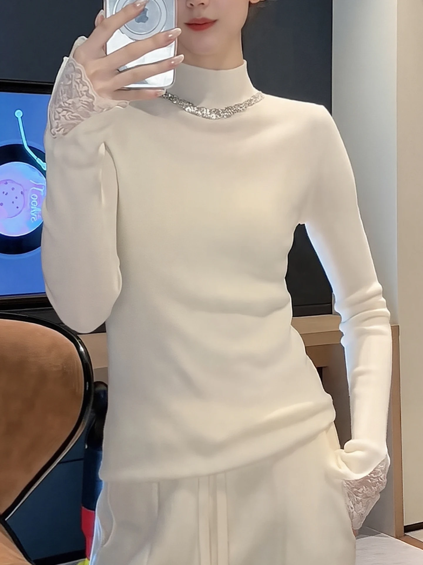 Lace Splice f High Collar Knitted Sweater Long Sve Faionable Winter Inner Wear Top Ele Women's Korean Sle Strai...