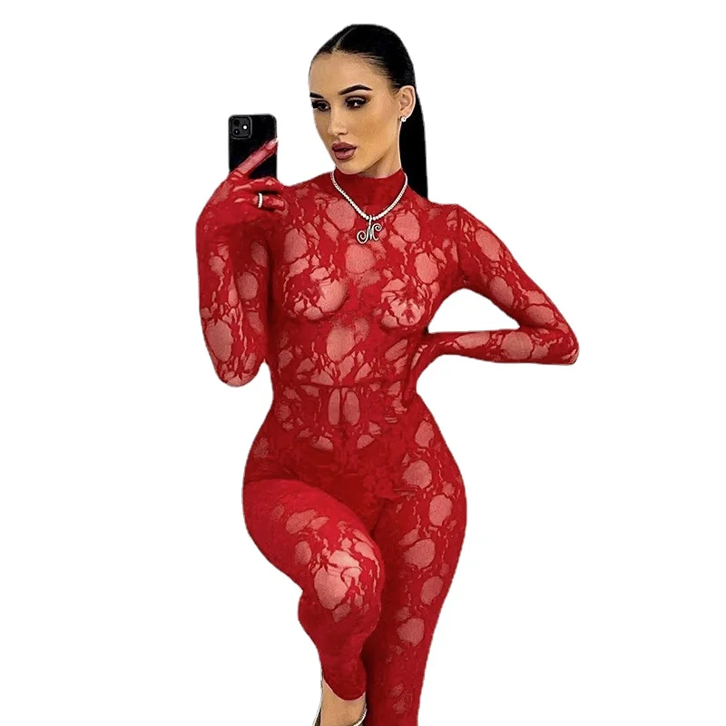 Mesh Sheer Hollow Out Long Sleeve Sexy See Through Skinny Exotic Jumpsuit Bodycon Summer Women Outfit Night Party with Gloves — zdjęcie 2