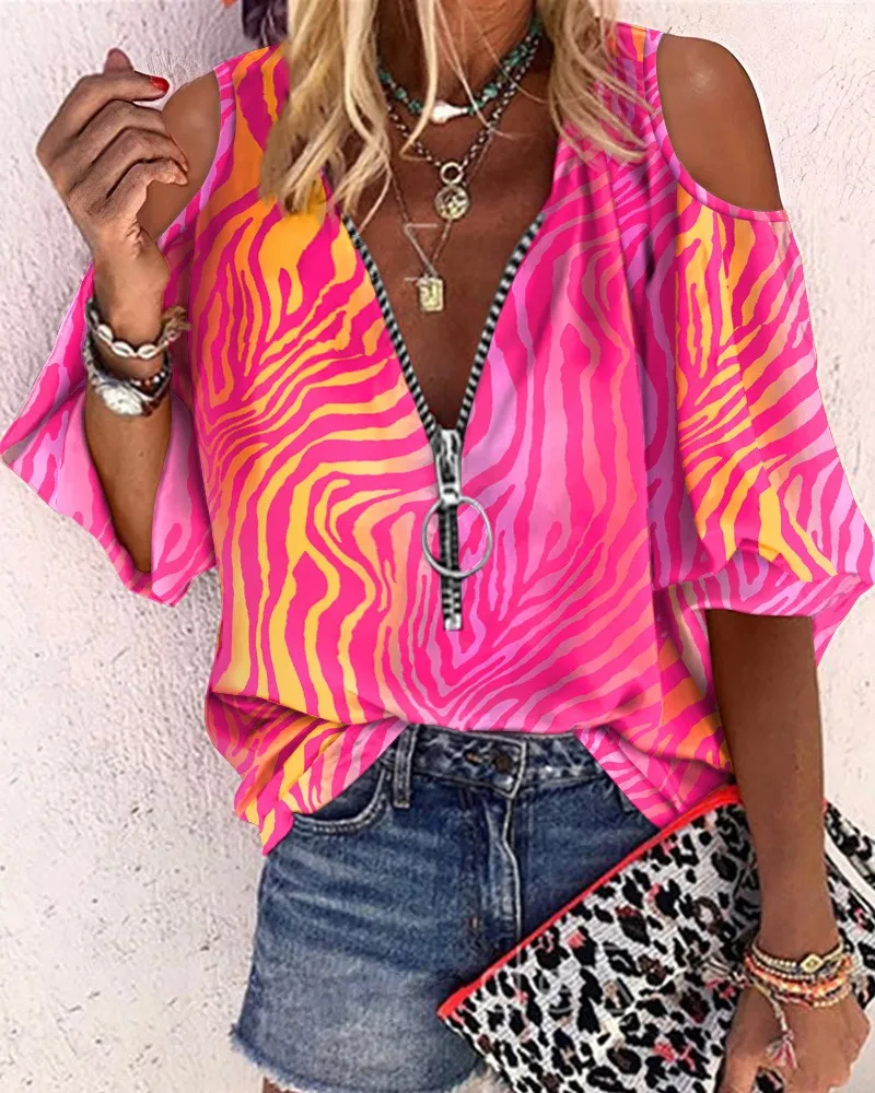 

Women's Half Sleeve V-Neck T-Shirt, Sexy Fashion Casual Zebra Stripe Contrast Printing Cold Shoulder Top Summer