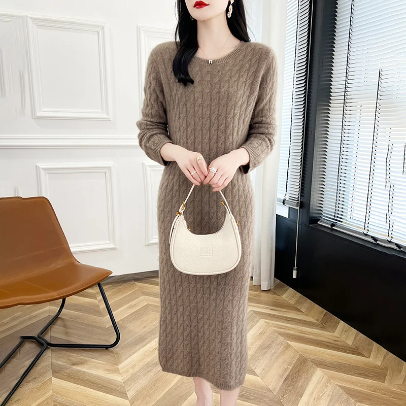 Autumn And Winter New 100% Wool Dress Women's Round Neck Long Twist Loose Knee Cashmere Skirt