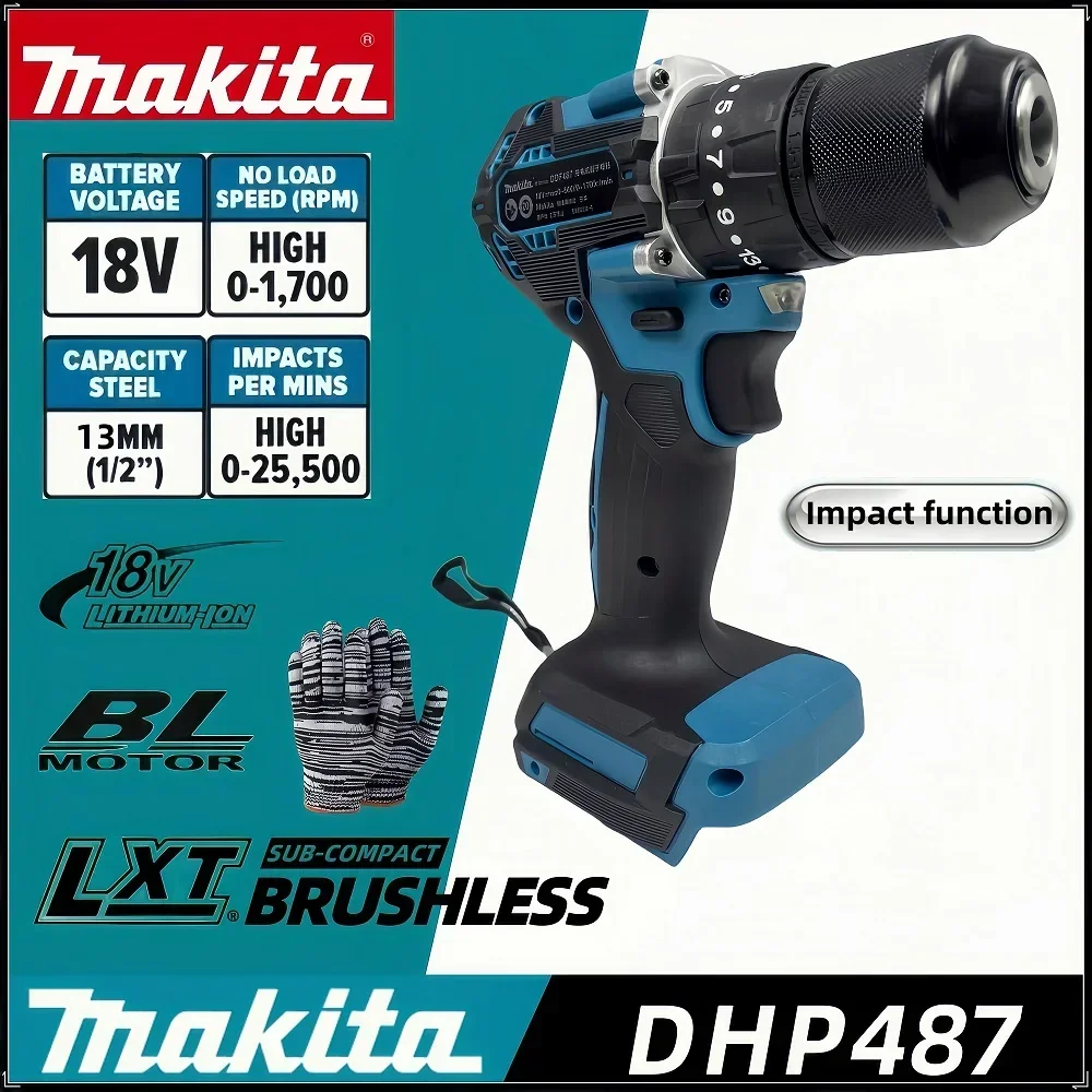 Makita DDF487 13 мм аккумуляторная ударная дрель 18 В электрическая бесщеточная дрель с регулируемой скоростью ударный электроинструмент дрель
