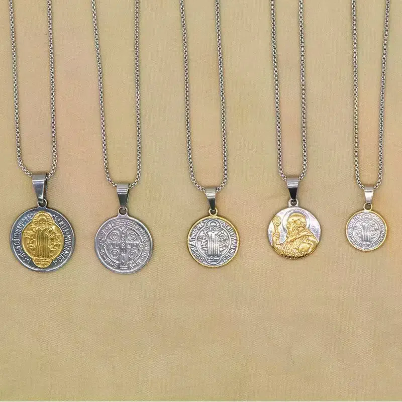 Stainless Steel Round Necklaces Religious Saint Benedict's Exorcism Pendants Necklace Clavicle Chain For Diy Accessories