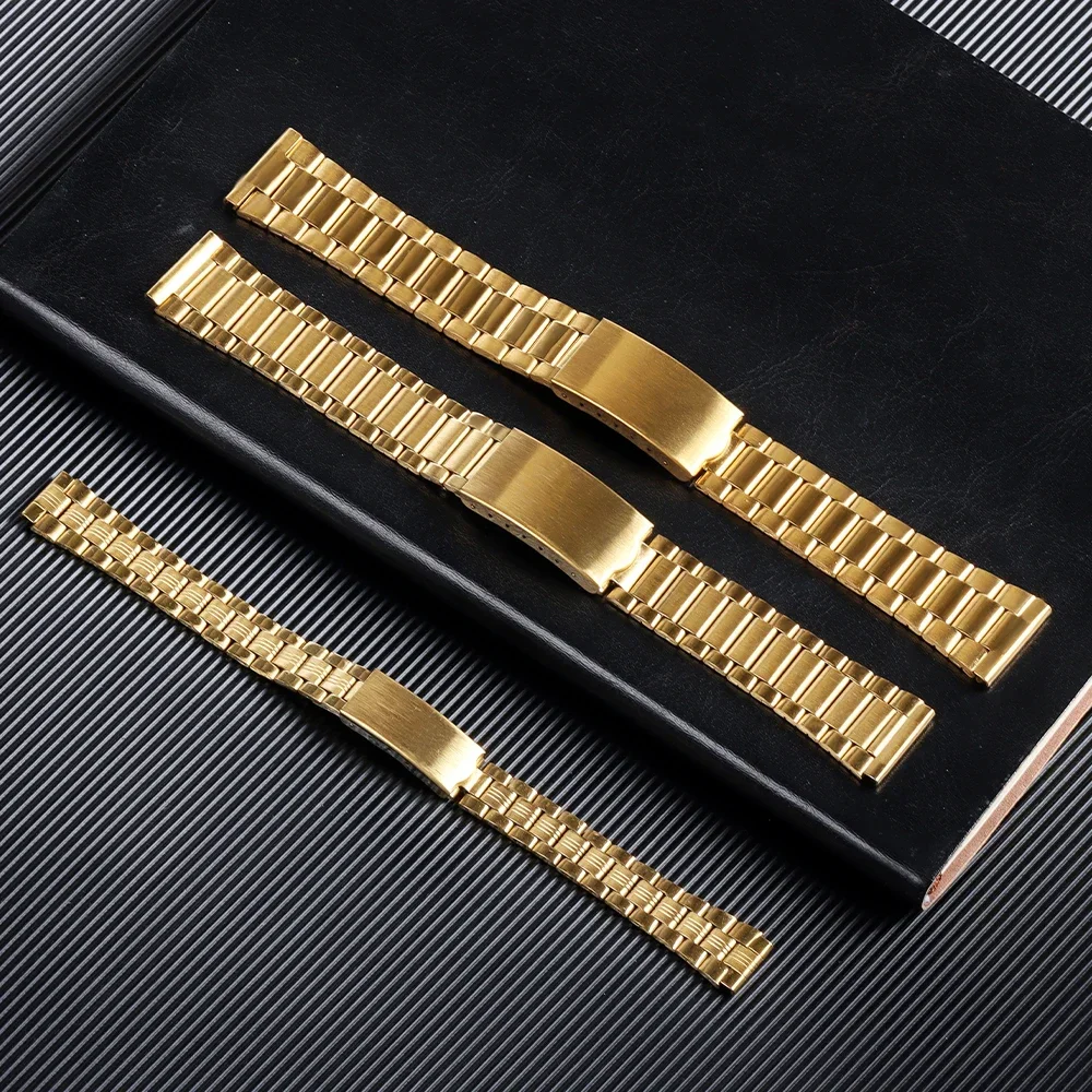 Universal Stainless Steel Watchband with Folding Buckle Metal Watch Strap Flat Mouth Silver Gold 12mm 14mm 18mm 20mm Wristband