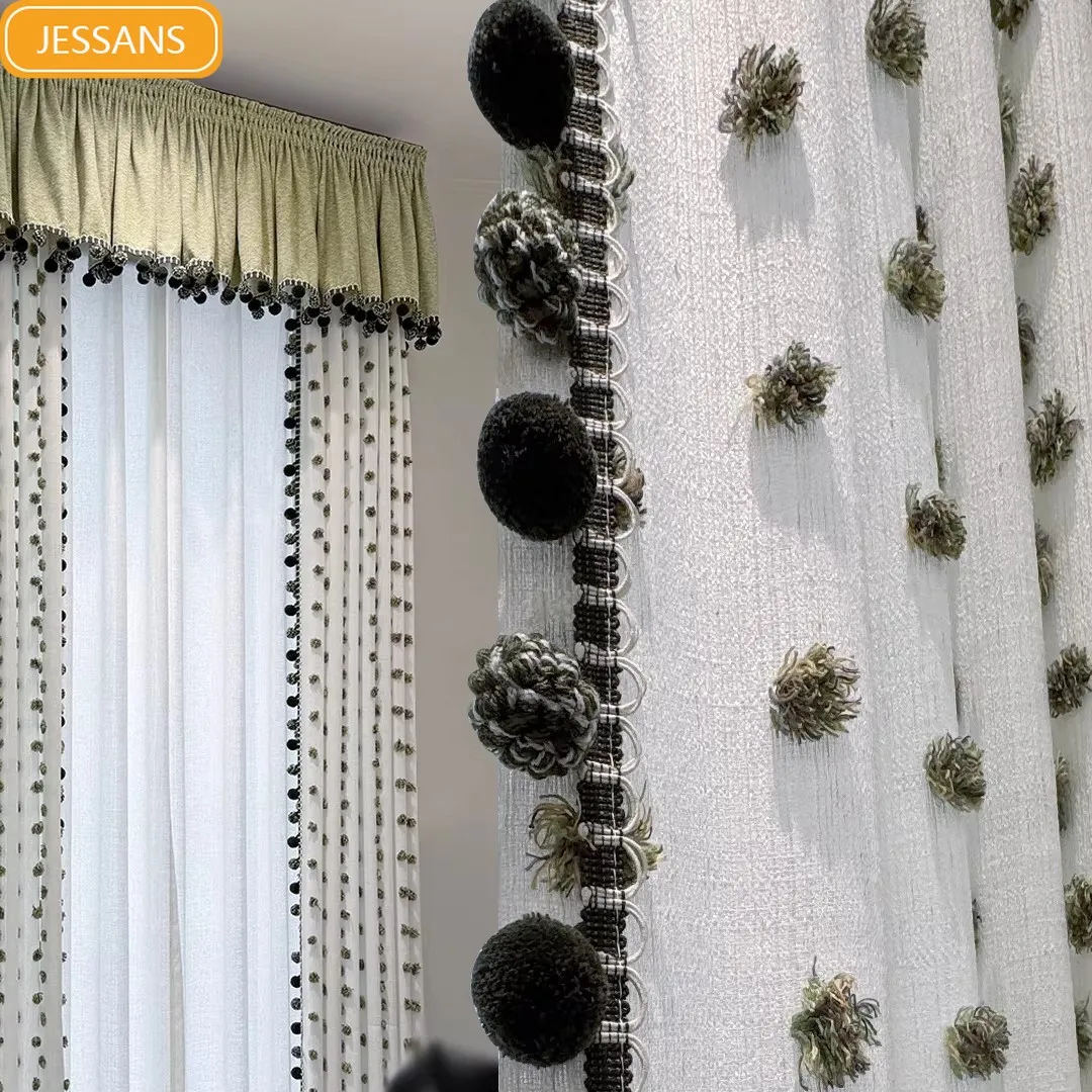 French Cream Wool Ball Linen Jacquard Window Screen Curtains for Living Room French Window Customized Partition Curtain Valance