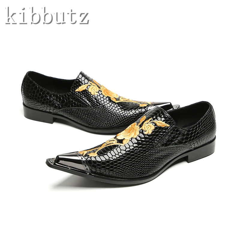 Gold Flower Embroidery Men Genuine Leather Shoes Metal Pointed Toe Slip On Oxford Loafers Gentlemen Wedding Party Dress Shoes