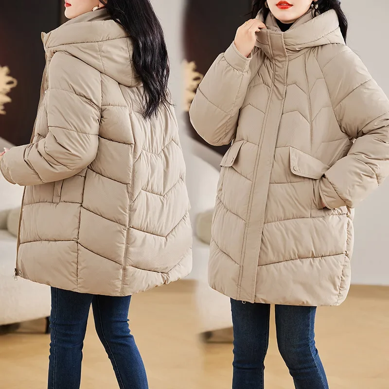 

New Winter Women Parka Hooded Jackets Thicken Warm Cotton-padded Puffer Coats Casual Medium Long Styles Loose Zippers Outerwear