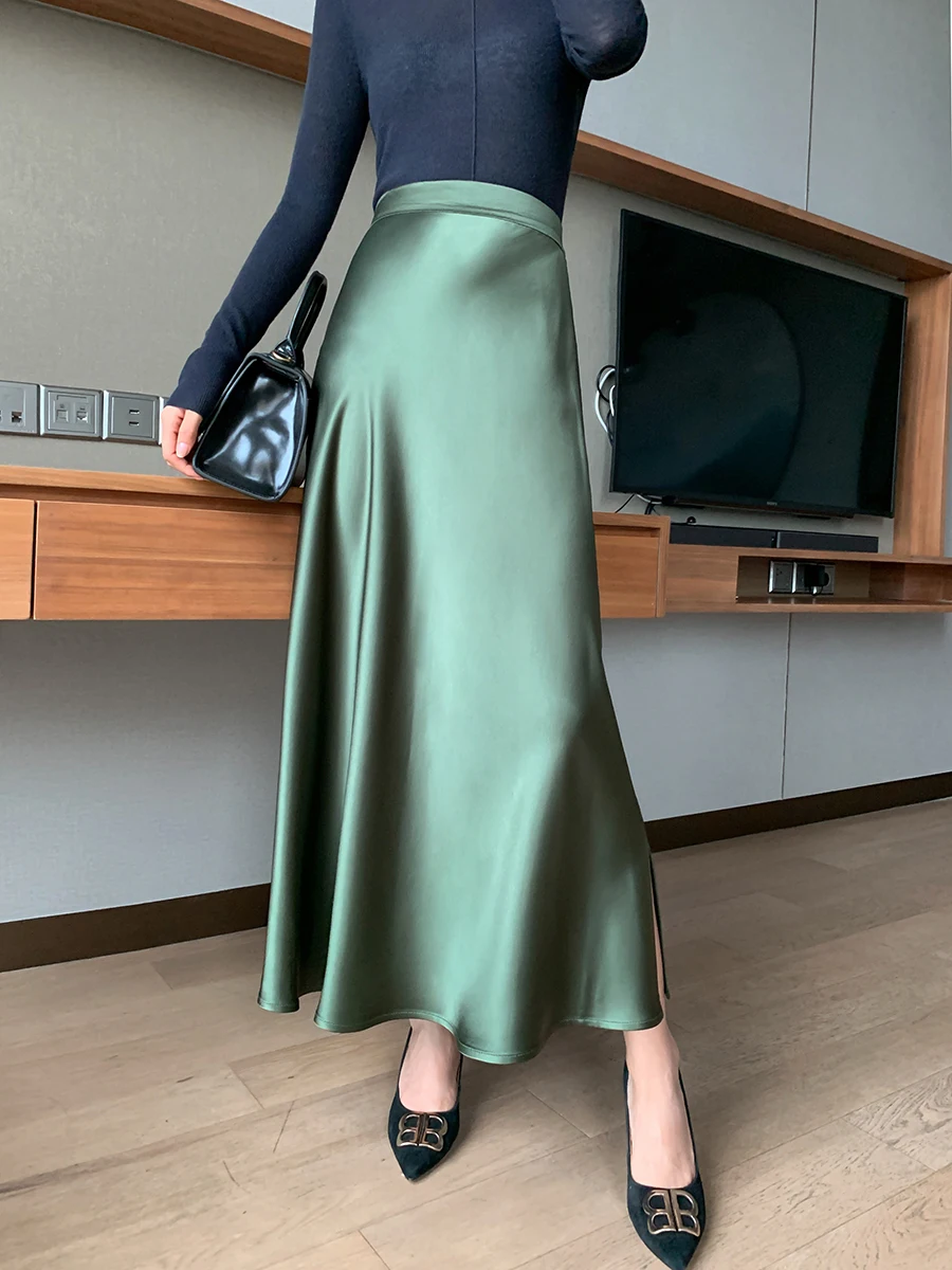 MAXMAY Women's Satin Half Skirt High Waist A-Line Midi Skirt Slimming Wrap Skirt Summer Moonlight Skirt French Style Zipper D...