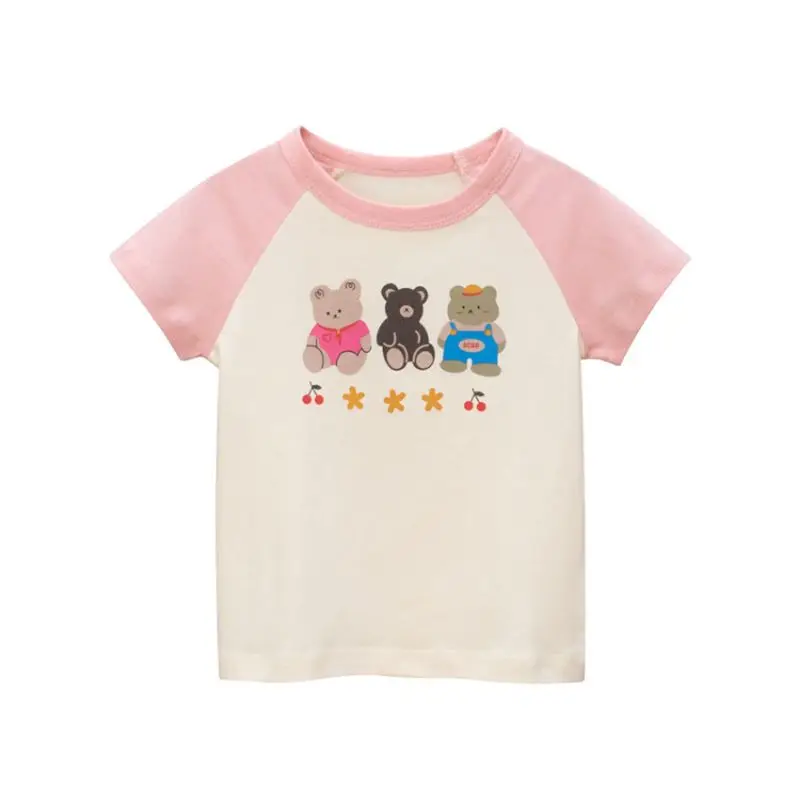 

2022 Summer Fashion Girl T-shirt Children Bear Print Short Sleeves White Tees Baby Kids Pink Tops for Girls Clothes Pink Shirt