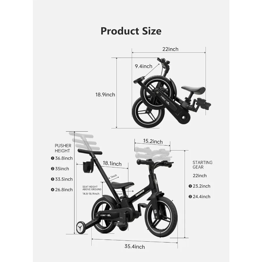 จักรยานเด็กแบบอัพเกรดพร้อมที่จับสำหรับเข็น 6 in 1 สำหรับจักรยานทรงตัว ของเล่นพร้อมล้อช่วย ระบบเบรก ที่วางแก้ว ที่วางเท้า และขาตั้ง