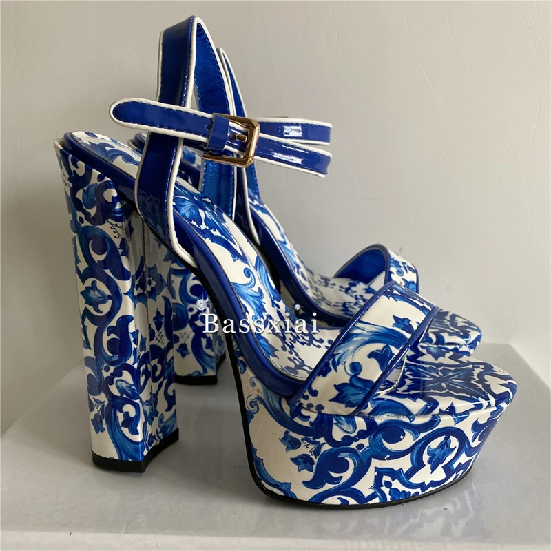 High Platform Chunky Heel Sandals Women Ankle Strap Print Flower Luxury Patent Leather Summer Shoes For Girls image 2