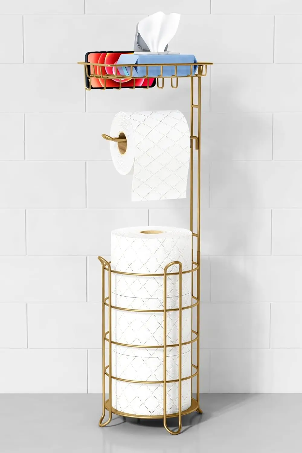 

Gold Freestanding Toilet Paper Holder with Phone Shelf and Wipes Tray for Large Rolls