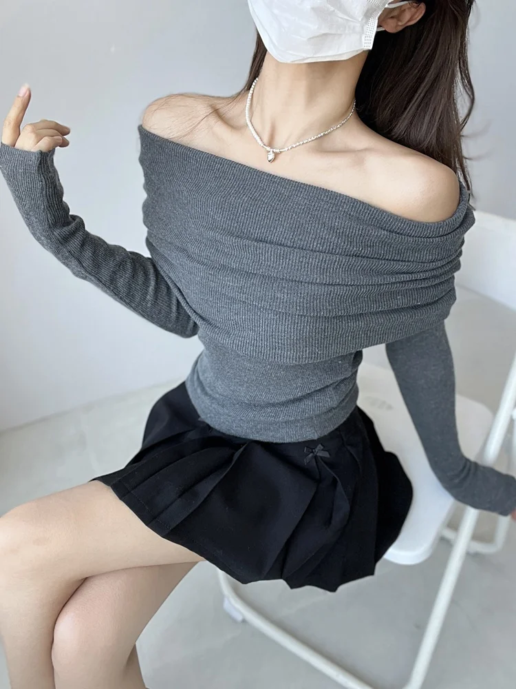 Retro Hong Kong Sle Sexy One oulder Large Collar Soft Cozy Long Sve Knitted Sweater Slim Fit Wine Red Spring Autumn