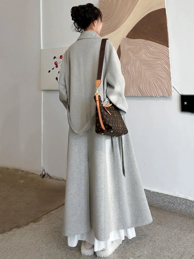 New Women Simplicity Double-Faced Wool Coat Autumn Winter Fashion Turn-down Collar Loose Waist Long Wool Coat Casual Daily Coat