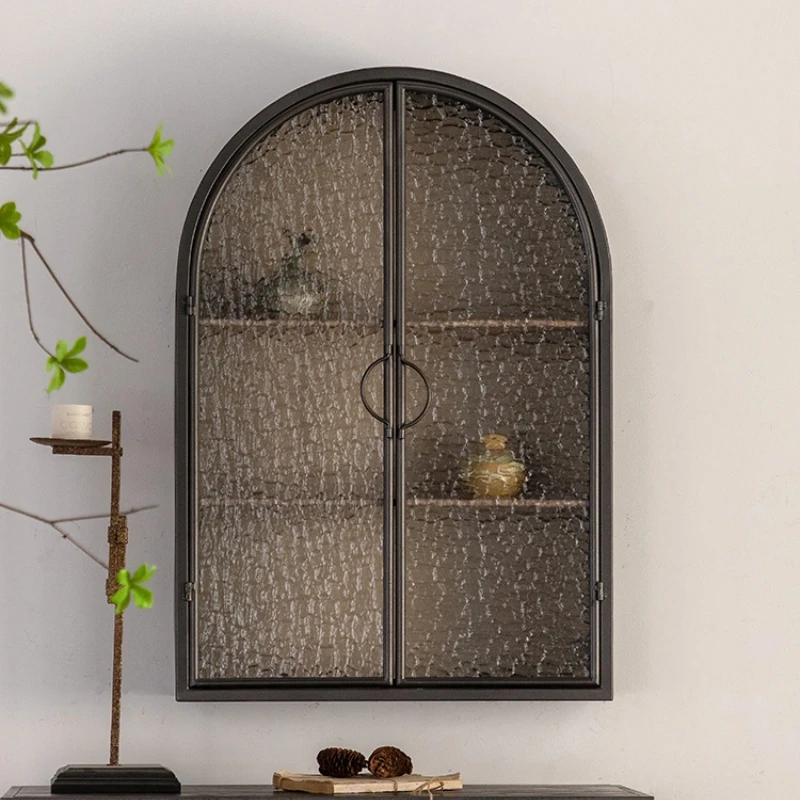 French retro wall cabinet, locker, water pattern glass cabinet door, living room wall storage cabinet, wrought iron wall storage