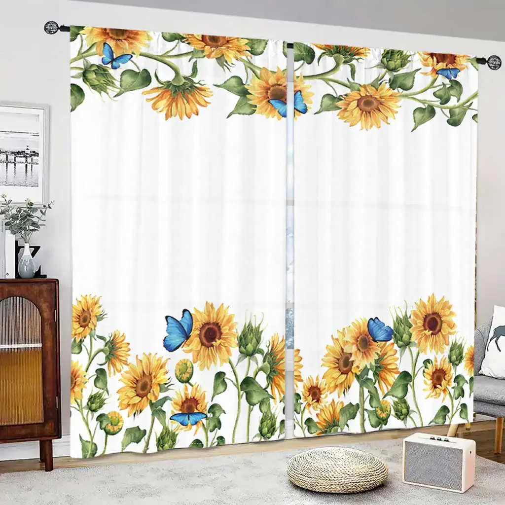 3D Sunflower Shading Window Curtains, Butterfly Design, Living Room, Bedroom, Home Decor Hook, 2 Pieces