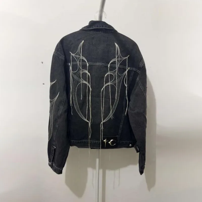 HKSH Spring Autumn New Men Tide Vintage Tassel Denim Jacket Metal Accessories 3D Cut Coats High Street Fashion Streetwear HK0522