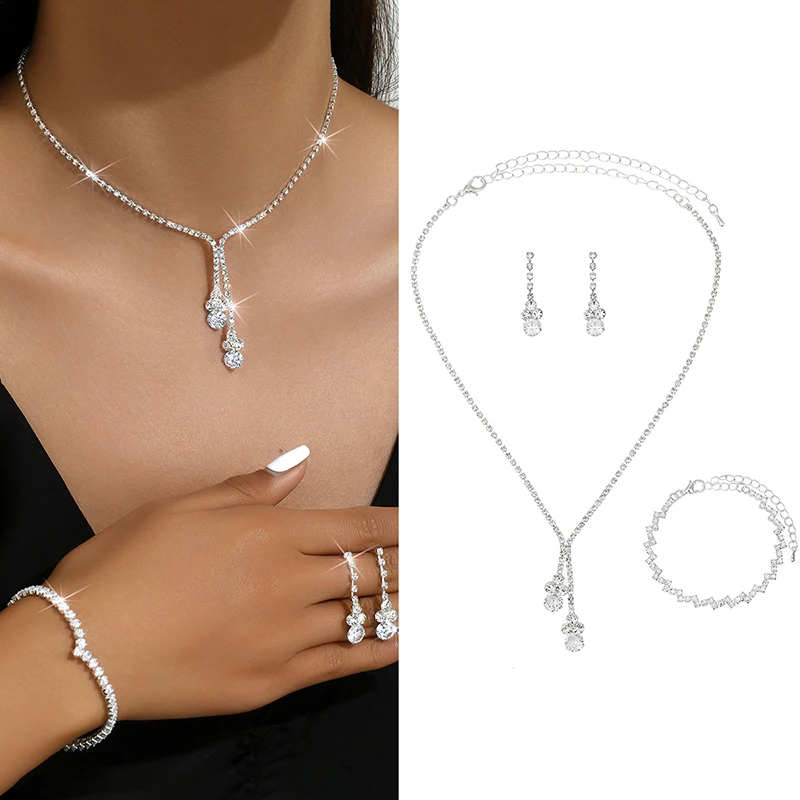 

3Pcs Fashionable Women's Jewelry Set With Zircon Earrings Necklaces Bracelets Wedding Decoration-B2