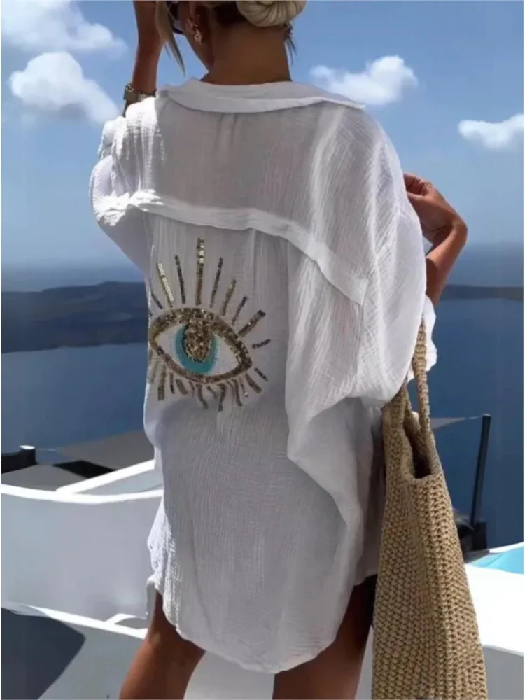 Casual Loose Cotton And Linen Shirt Women Fashion Sequin Pattern Top 2025 Spring Summer Holiday Beach Blouse And Tops Female