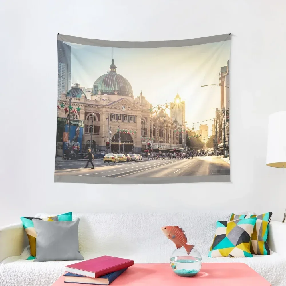 

Melbourne's Flinders St Station at Sunset Tapestry Wall Hanging Wall Aesthetics For Room Bedroom Deco Tapestry