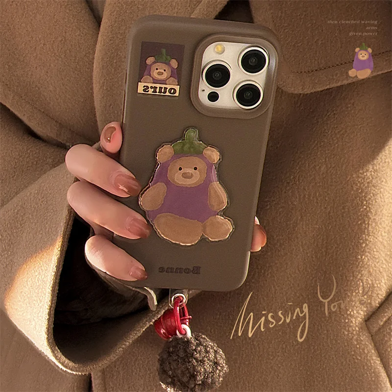 Cute Eggplant Cub Sticks Phone Case with Hair Ball and Red Bell Pendant For iPhone 12 13 14 15 16 pro max