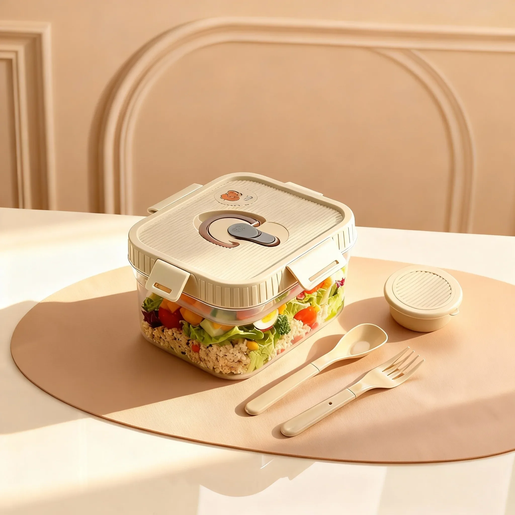 Portable Plastic Double-layer Divided Lunch Box with Sauce Box&Cutlery Large Capacity Fruit Salad Food Container Microwave Safe