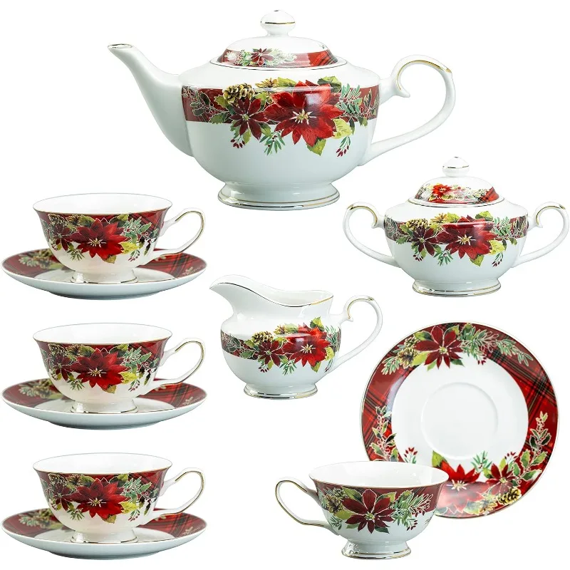 Poinsettia Holly Plaid 11-Piece Tea Set, Multi, Red