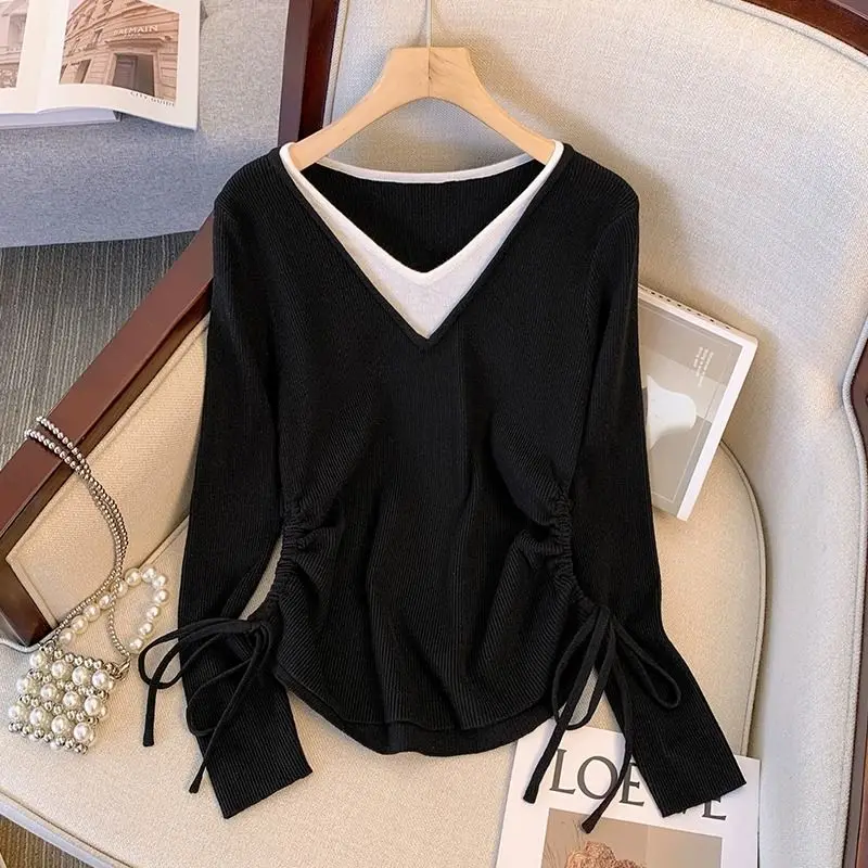 Autumn Elegant Fashion Fake Two Pieces T-shirts Women Clothing Chic V-neck Drawstring Top Casual All-match Long Sleeve Pullovers