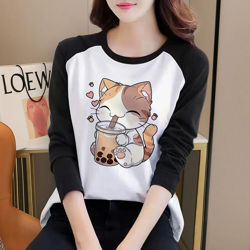Ein süßes gemustertes orangefarbenes Tabby-Katzen-T-Shirt mit Lächeln-Aufdruck, lässiges Grafik-T-Shirt für Damen, Rundhalsausschnitt, langärmliges T-Shirt, Kleidung