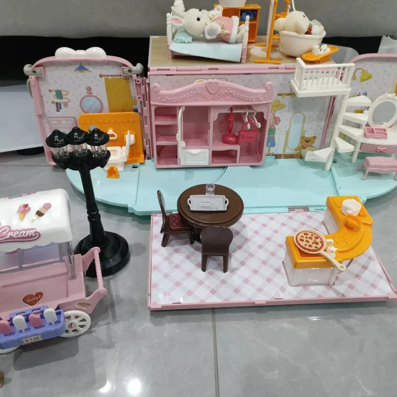 Simulation Forests Animals Bus Dollhouse Playset DIY Caravan Camper Car Toy Families Cottage Set Miniature Furniture Girl Gifts