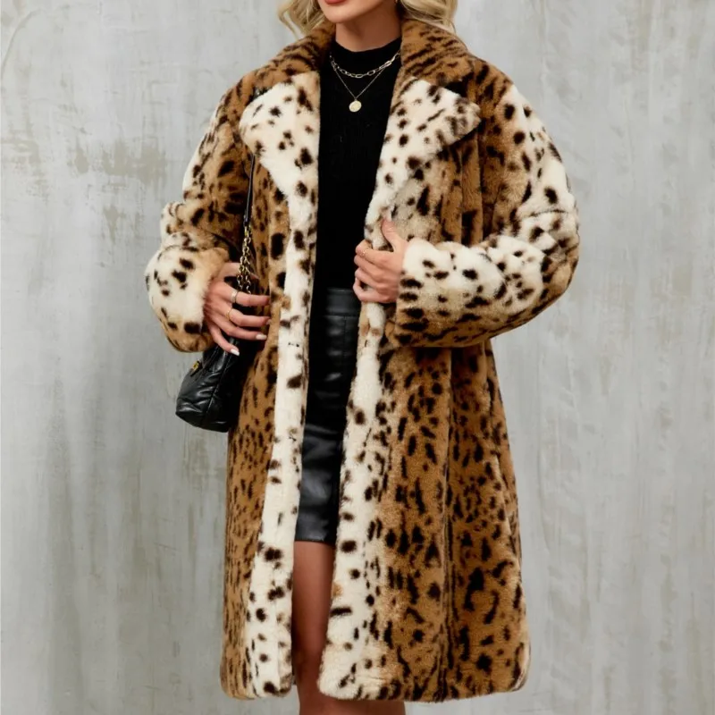 سترات شتوية سميكة ودافئة لعام 2025 معاطف طويلة من الفرو معاطف طويلة منفوشة ملابس خارجية سترات نسائية فضفاضة من الفرو الصناعي على شكل الفهد #2