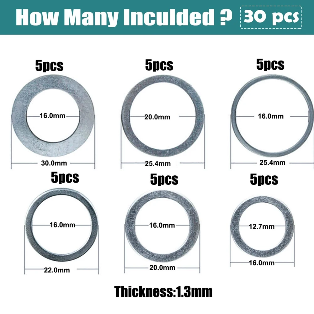 ABHU 30 قطعة ملحقات جلبة شفرة المنشار حلقة محول شفرة المنشار ، 30To16mm ، 25.4To20mm ، 25.4To16mm ، 22To16mm ، 20To16mm ، 16To12.7Mm