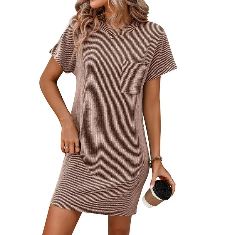 2024 New Fashion Brand Fashion Women's Top Ins Summer Casual Color Contrast Twist Striped Short-sleeve Pocket T-shirt Dress