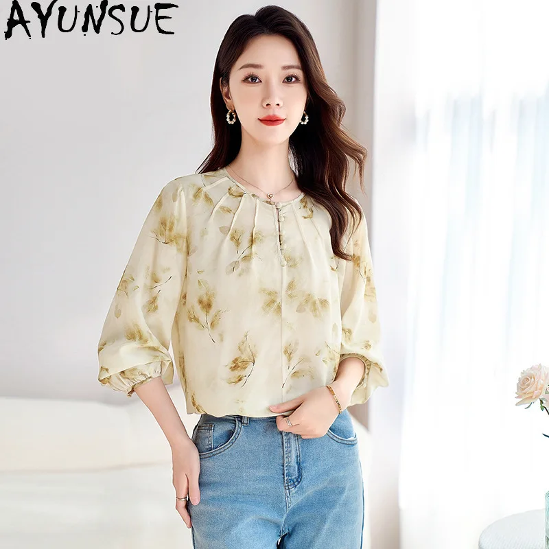 AYUNSUE 100% Real Mulberry Silk Women T Shirts Three Quarter Sleeved Printed Woman Tops Summer Women Clothes 2026 New Ropa Mujer