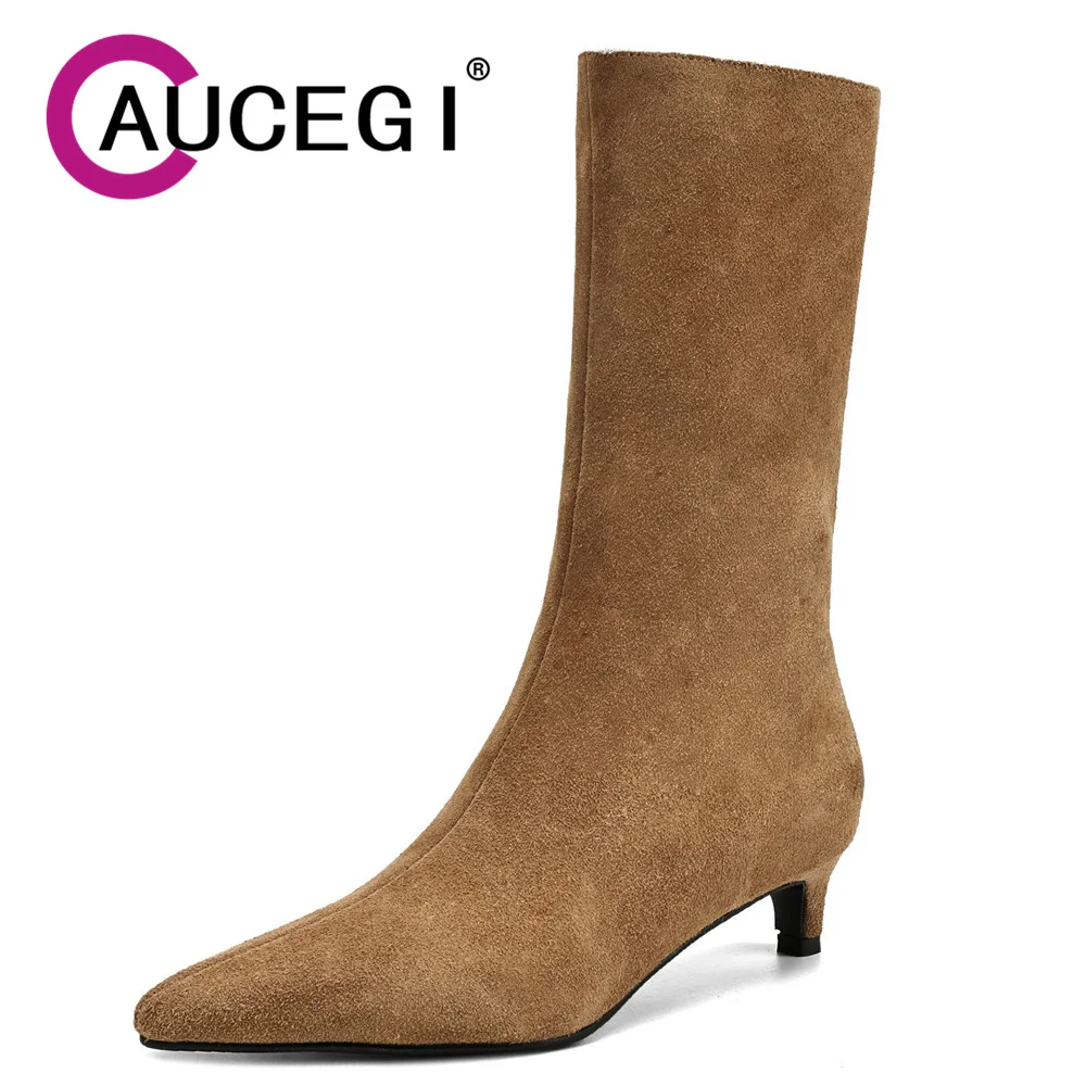 Aucegi-Botines de ante vacuno de diseñador para mujer, zapatos elegantes con punta en pico, tacones bajos marrones, sin cordones, para vestido de fiesta, Otoño e Invierno