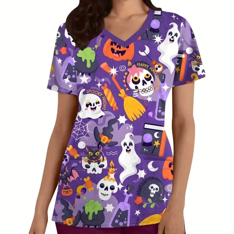 Halloween print nurse short sleeve shirtTWomen's T-shirtVCasual medical workwear with tie pocket available
