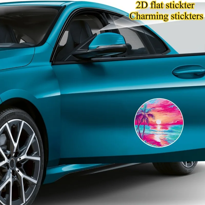 1Pc Vibrant Tropical Sunset Palm Tree Waterproof Vinyl Sticker Colorful Beach Decal For Car Fuel Tank Window Decor