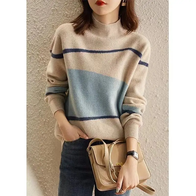 Autumn Winter New Fashion Half High Collar Long Sleeve Pullovers Women\'s Clothing Patchwork Color Blocking Loose All-match Tops