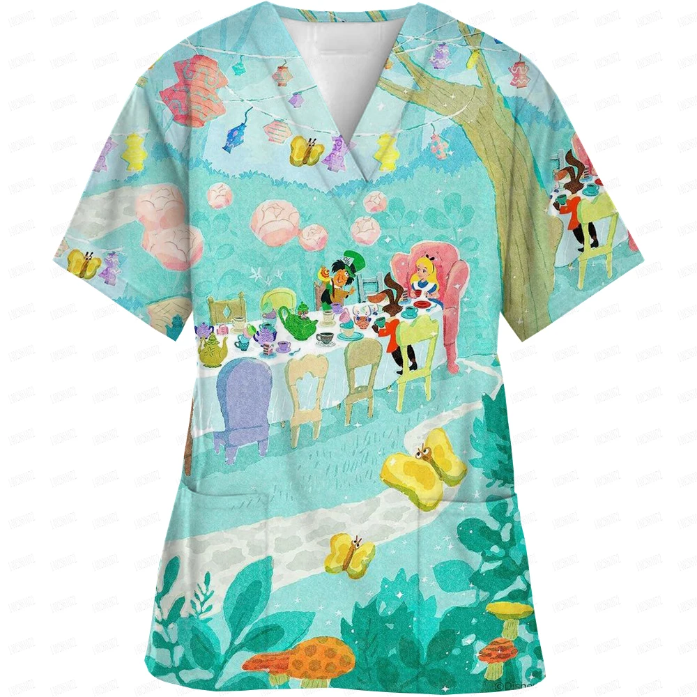 Women's Nursing Clothing Disney Princess Print Top Accessories Doctors Medical Uniform Hospital Nurse Beauty Salon Scrubs Top