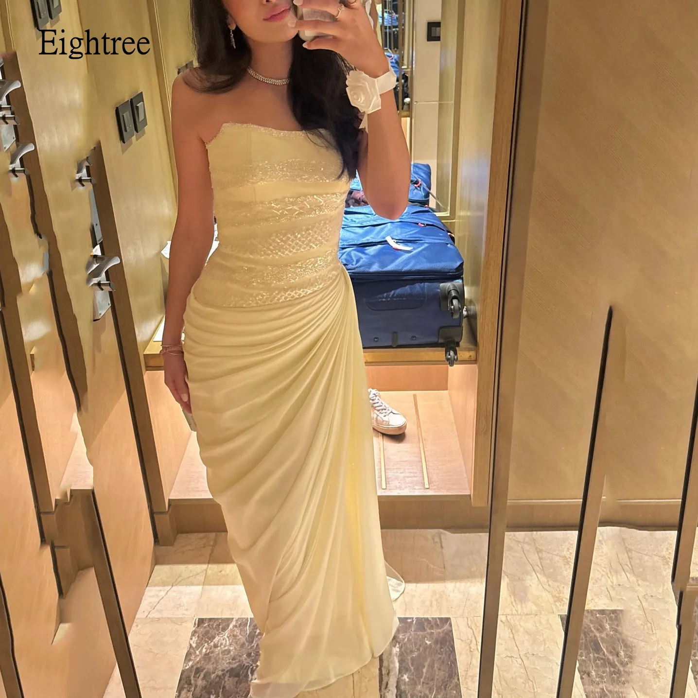 

Eightree Pleated Yellow Mermaid Prom Gowns Strapless Party Gown Floor Length Evening Dress vestidos de festa Customized