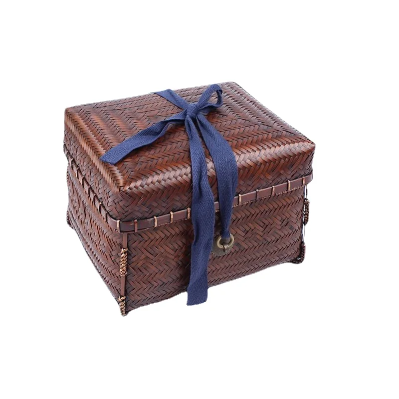 Bamboo Tea Ceremony Storage Box with Lid Heightening Handmade Vintage Copper Buckle with Pattern Juxiang Bamboo Wood