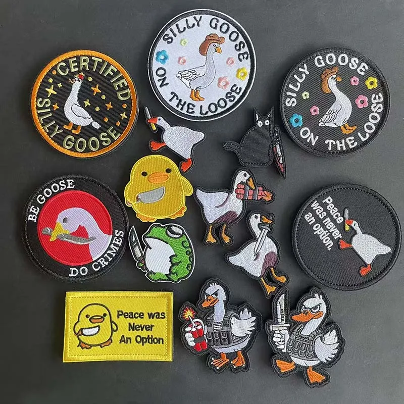 Animal With Knife Fabric Applique Embroidery Hook and Loop Patch,Peace Goose,Angry Frog,Cat,Duck Tactical Badges Clothes Sticker