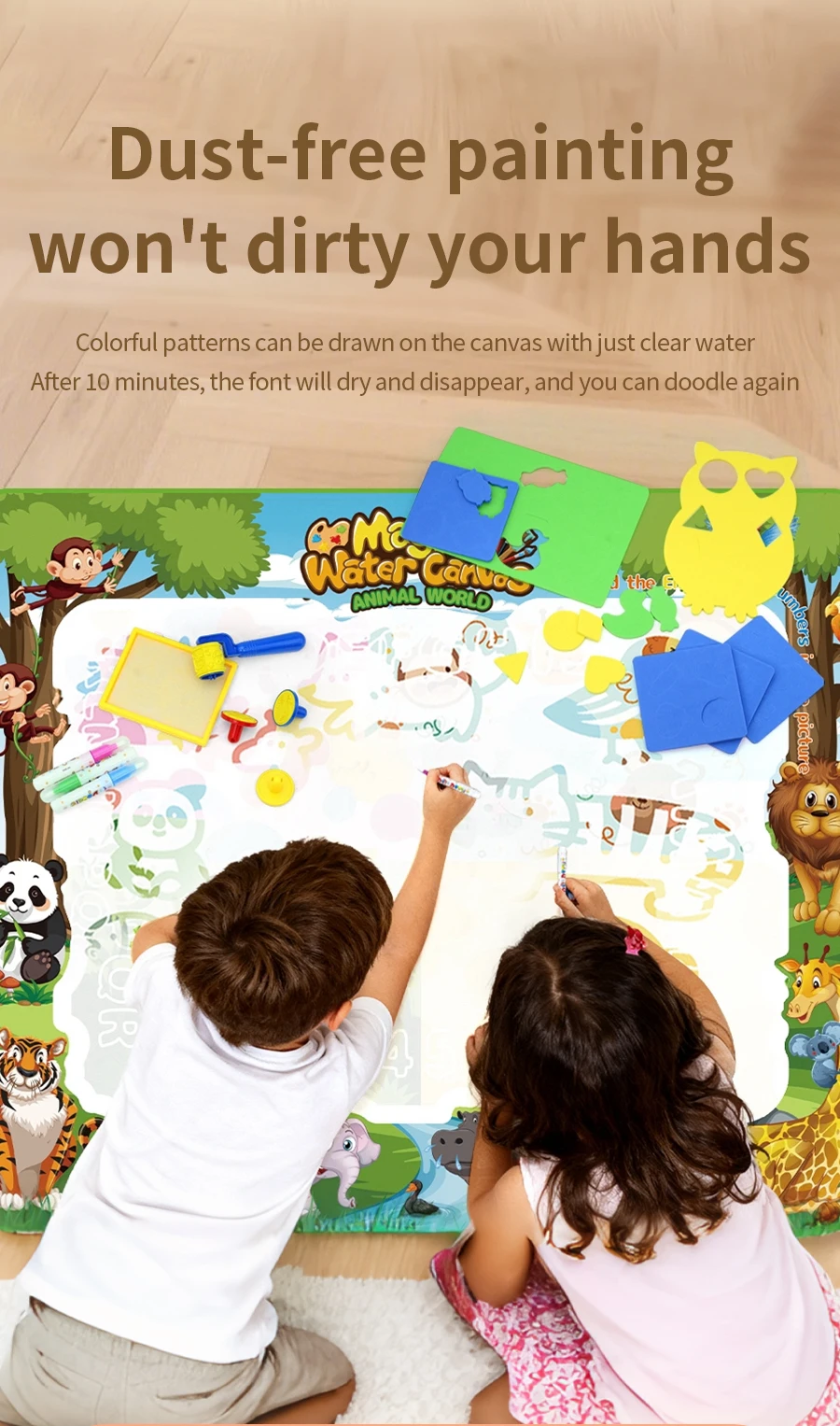 Magische Wasser-Zeichenmatte, Leinwand, wiederverwendbares Malbrett, Doodle-Farbe enthüllt, wenn nass mit Mattstiften, Skizzenbuch, Nachzeichnungstafeln – Detail 3