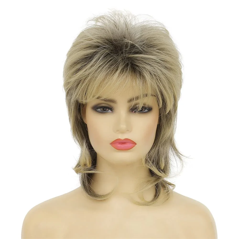 HAIRJOY ​​Synthetische blonde Mullet-Perücke für Frauen, zottelige, geschichtete Perücke, 70er- und 80er-Jahre-Perücken, Cosplay-Perücken für den Alltag, Halloween-Perücken