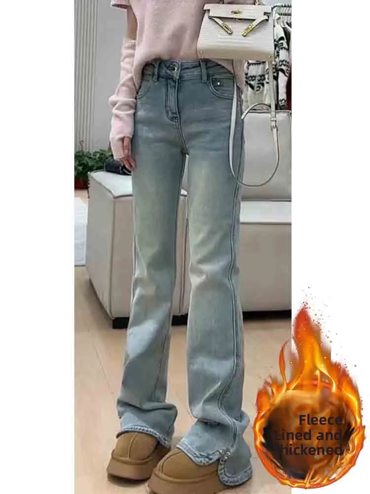 

Ретро джинсы с высокой талией и флисовой подкладкой, расклешенные, женские, осенне-зимние, мягкие, удобные, утягивающие, универсальные брюки-клеш